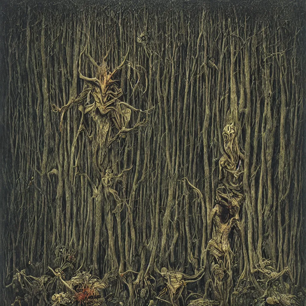 Image similar to a dark forest infested with vile, disgusting, horrible, contorted, insectoid, repugnant, evil, nauseating, vomit, grimy, demonic, insects, style of zdislaw beksinski