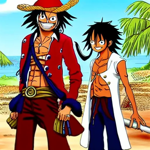 Prompt: Monkey D Luffy with Captain Jack Sparrow's outfit