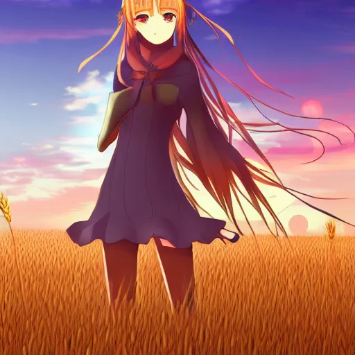 Image similar to anime illustration of Holo from Spice and Wolf standing in a wheat field at sunset, Holo if a wolf girl, high detail, trending on pixiv