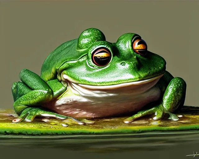 Prompt: the anthropomorphic frog king, wearing a crown, sitting on a throne on a lily pad, fantasy concept art, dnd character art, digital painting, oil painting, hyperrealistic, highly detailed, artstation, cgsociety, by greg rutkowski, by alan lee, by artgerm