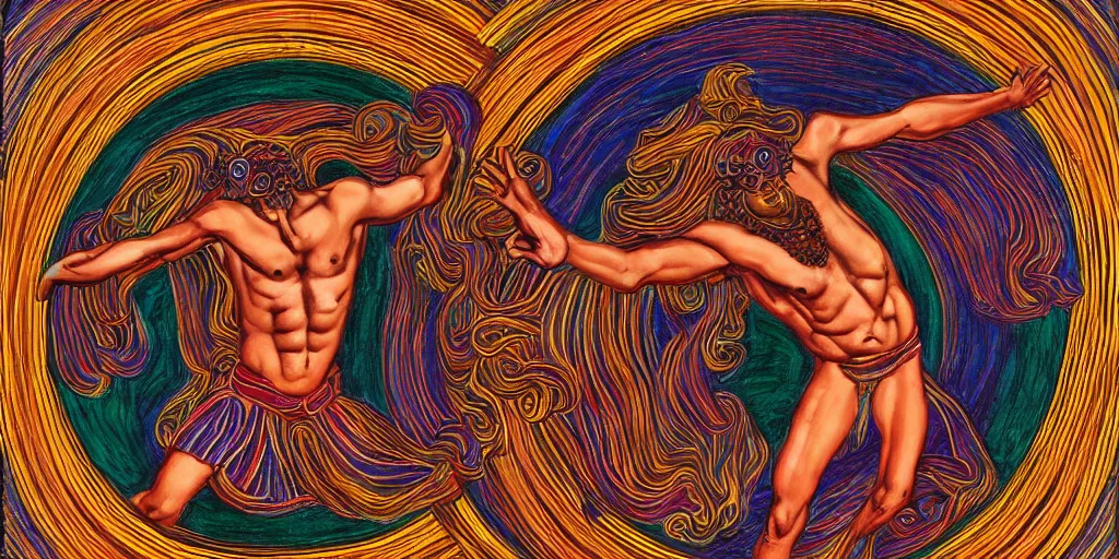Prompt: an abstract spiritual background, a latino greek god dancing mindlessly, clear eyes. 2 4 mm, photorealistic, muted color scheme, directed by mati klarwein