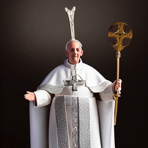 Image similar to action figure of pope francis as a knight. advertising photograph, photographic, hyperreal, 3 5 mm