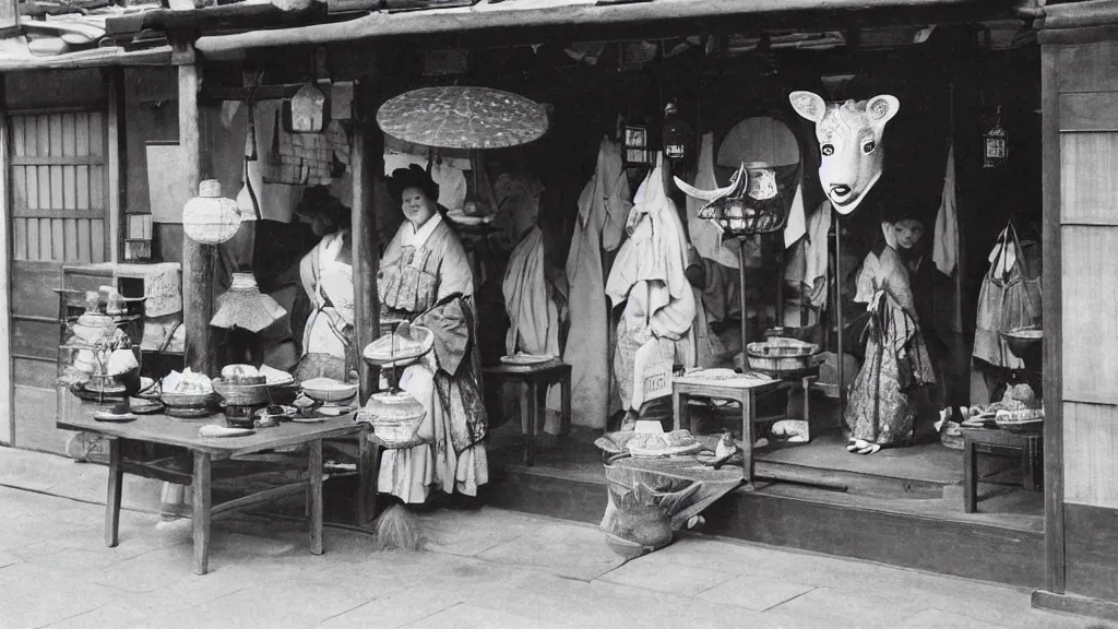 Prompt: 1 8 th century japanese street market in kyoto 1 9 0 0 s early photography portrait anthro anthropomorphic deer head animal person fursona wearing clothes street trader