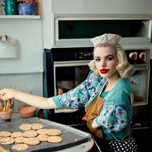 Prompt: a young blonde woman with face tattoos, baking cookies in a kitchen, 1955, Kodak Portra 800 film