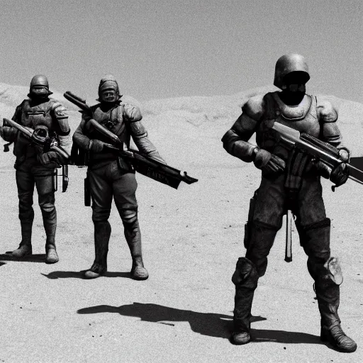 Prompt: cinematic shot of a group of fallout NCR soldiers holding rifles standing outside of a gas station in the desert, 8k, dslr, depth of field,