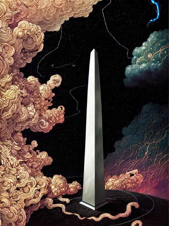 Prompt: black electric flames of silver engulfing an obsidian obelisk by victo ngai and karol bak, rococo, smoky, highly detailed, hyperrealistic, energy, low light, high contrast, bright sky