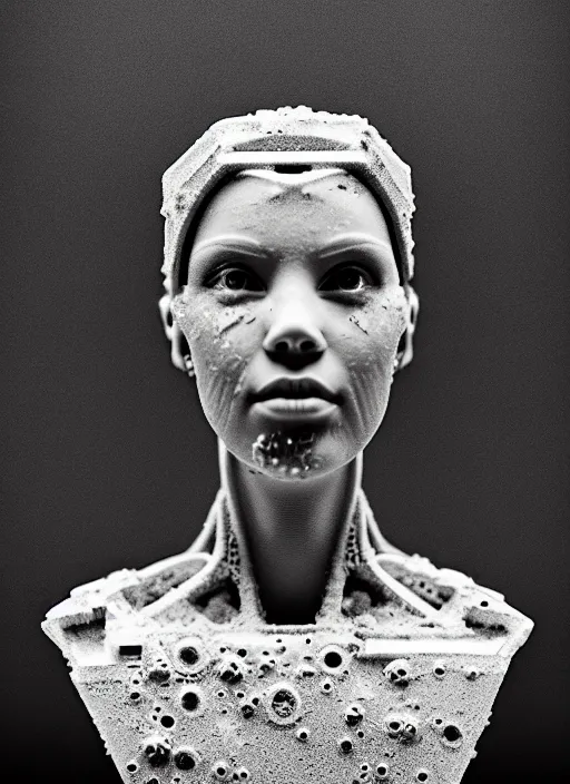 Image similar to a young female cyborg bust made of ice and concrete, dramatic, ilford hp 5, closeup - view, f / 2. 8, high contrast, 1 6 k, fluorescent lamp, contre - jour, insanely detailed and intricate, hypermaximalist, elegant, ornate, hyper realistic, super detailed