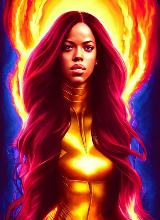 Image similar to full body portrait of marvel cinematic universe aaliyah haughton, x - men, jean grey, elegant, fire, phoenix, rippling electromagnetic, highly detailed!! digital painting, artstation, glamor pose, concept art, sharp focus, illustration, art by artgerm and greg rutkowski, artey freytag