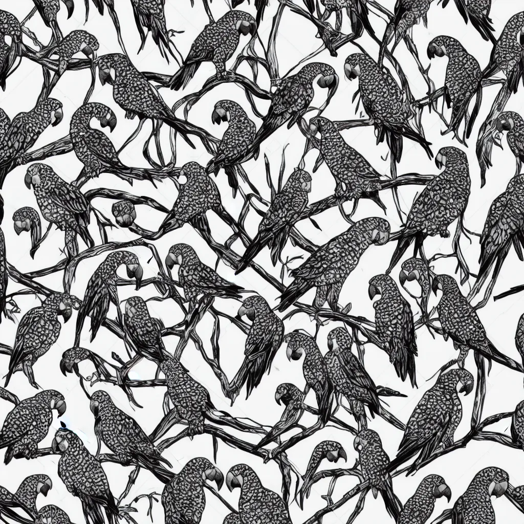 Image similar to seamless pattern of parrots. black and white, drawing, white background, seamless, ornament.