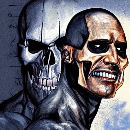 Image similar to a sketch of a two - faced dwayne johnson as ghost rider, right face showing skull, gta cover art