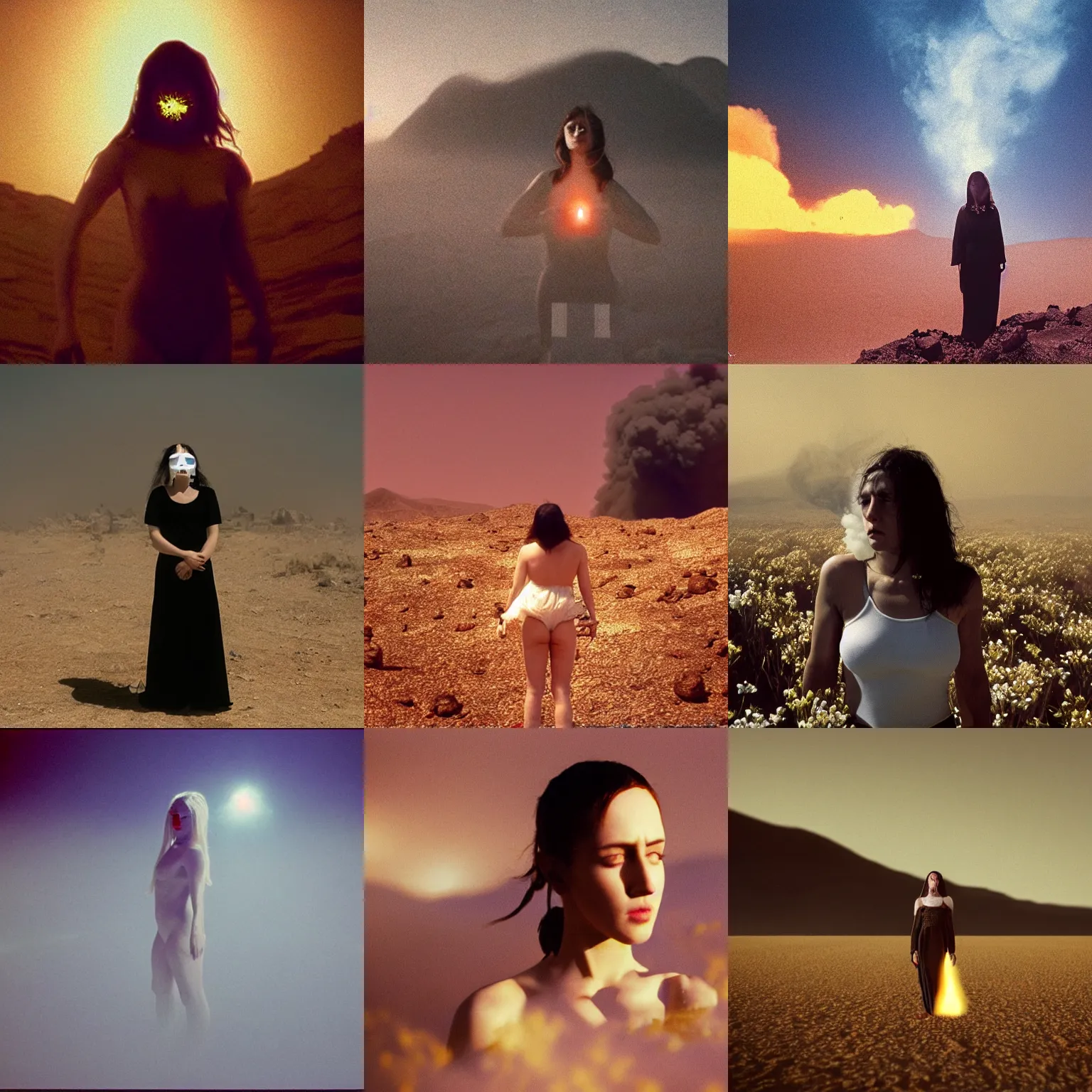 Prompt: The full body shot of beautiful pale woman with white flowers and full-face golden mask inside a thick black smoke in rocky desert landscape, glowing eyes everywhere, falling star on the horizon, burning earth by Gaspar Noe and Christopher Doyle, anamorphic lens, anamorphic lens flares, kodakchrome, cinematic composition, practical effects, award winning photo, 8k