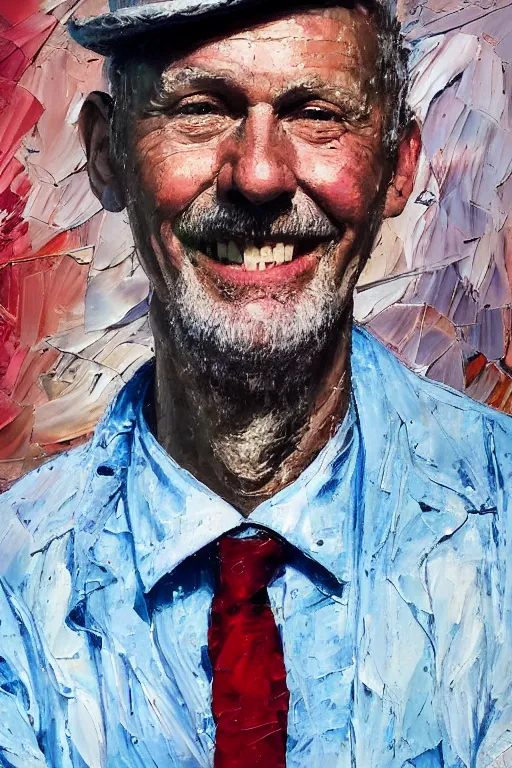 Prompt: palette knife oil painting portrait of lars erickson, a greying man who is relaxed and reliant. he wears a suit shirt with no jacket, red suspenders, a loose tie, and folded up sleeves. dashing smile., extreme detail, artstation trending, noir, artgerm, any racial background, deviant art, octane, substance, art history 8 k