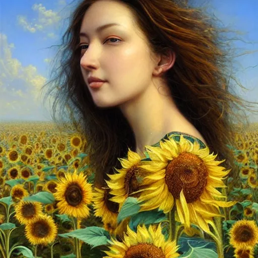 Image similar to a girl slowly walking through amazing tall sunflower field, hair flowing, early morning lighting, elegant, subtle, intricate details, real masterpiece, oil on canvas, by karol bak, ayami kojima, artgerm, smile, concept art, fantasy