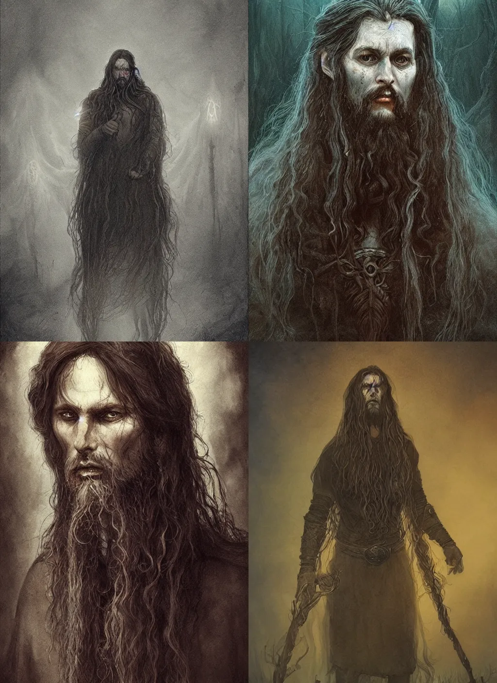 Prompt: a portrait of a tuatha de danann with long hairs in the style of alan lee and marc simonetti and emil melmoth, cinematic lighting