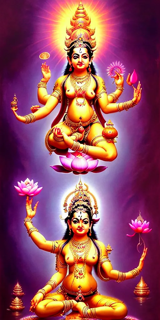 Image similar to beautiful hindu goddess lakshmi fantasy character portrait, four hands, standing on a lotus, single figure composition, full body, chubby, ultra realistic, intricate details, the fifth element artifacts, highly detailed by peter mohrbacher, hajime sorayama, wayne barlowe, boris vallejo, aaron horkey, gaston bussiere, craig mullins