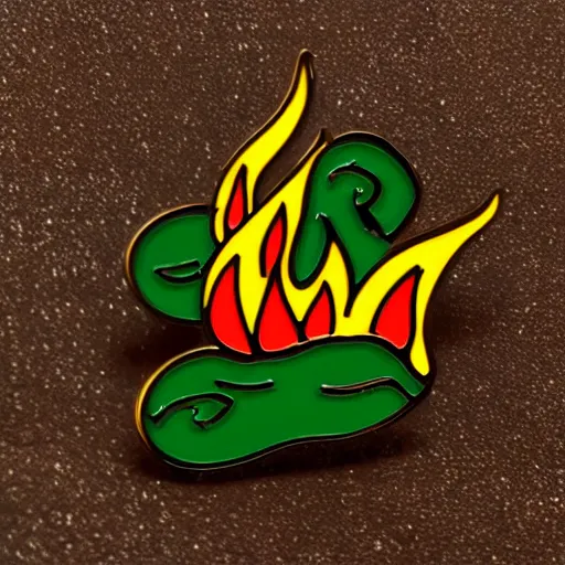 Prompt: simple yet detailed, jalapeno on fire flame circle enamel pin retro design