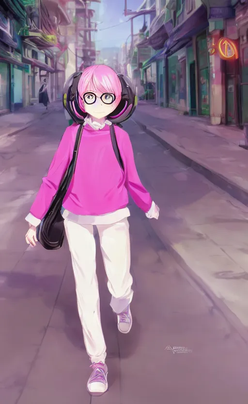 Image similar to anime girl with pink ponytail, wearing purple headphones, wearing a green sweater, with a smile on her face and her eyes closed, walking down a street, dynamic lighting, photorealistic fantasy concept art, trending on art station, very detailed, anime concept art, stunning visuals, creative, cinematic, ultra detailed