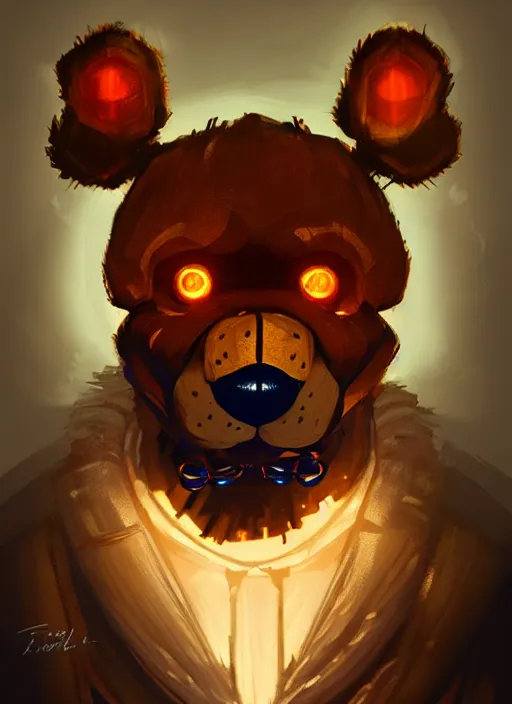 Image similar to portrait of freddy fazbear, intricate, elegant, glowing lights, highly detailed, digital painting, artstation, concept art, sharp focus, illustration, art by wlop, mars ravelo and greg rutkowski