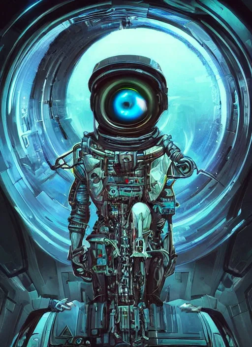 Image similar to a futuristic astronaut with glowing eyes and a wormhole tunnel cyberpunk art by android jones, featured on artstation, darksynth, synthwave