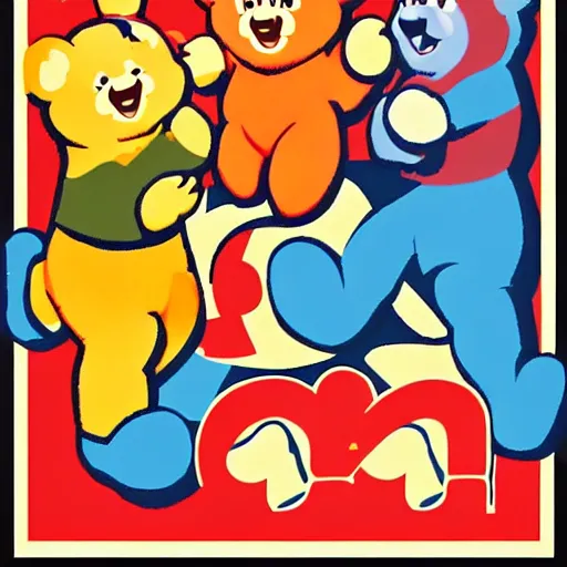 Prompt: the care bears as a military junta soviet propaganda poster