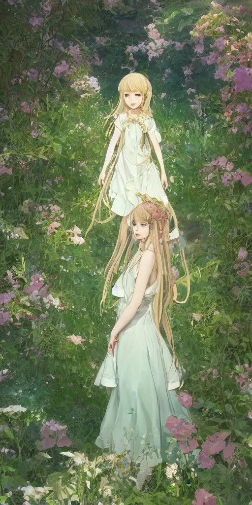 Image similar to a digital art of a loli with long hair in a dress in the privet garden at after noon, green and warm theme, back lighting, by krenz cushart and mucha and akihito yoshida and greg rutkowski and makoto shinkai, graphic design, extremely long shot, detailed eyes, 4 k resolution, trending on art station