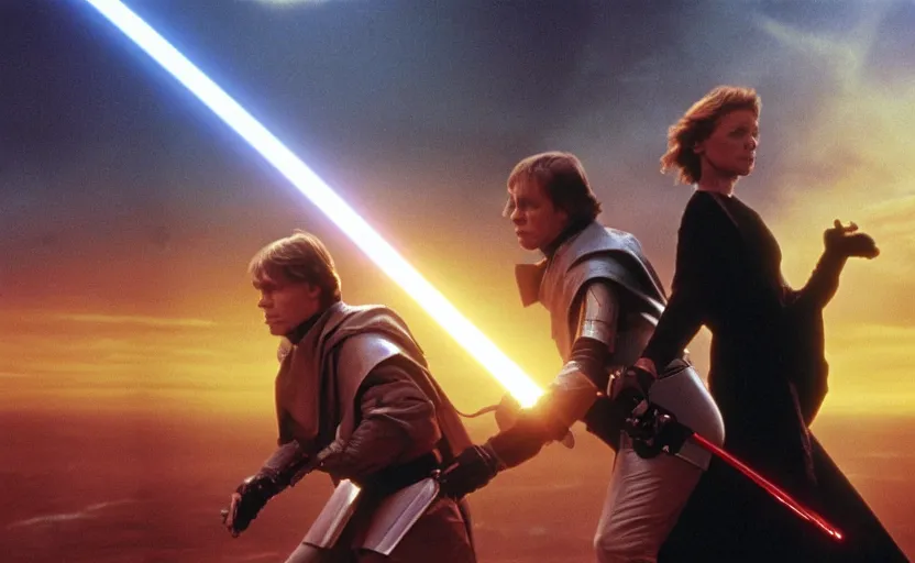 Prompt: iconic wide cinematic screen shot of luke skywalker dueling with a female sith lord, behind them is a detailed view of coruscant at sunset, from the thrilling scene from the 1 9 9 0 s sci fi film directed by ridley scott, moody cinematography, foggy volumetric lighting, hyper detailed scene, anamorphic lenses 2 4 mm, lens flare, award winning