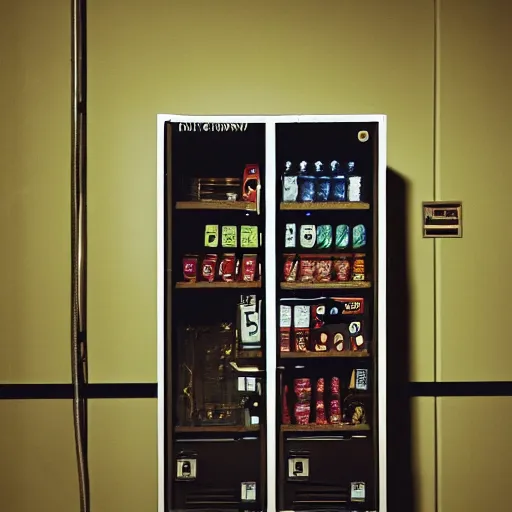 Image similar to noisy color photograph of a vending machine room, laboratory, dark corners, minimalist, cinematic, soft vintage glow