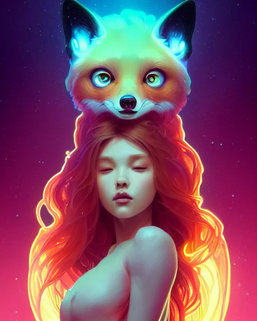 Image similar to one singular portrait of a cute bioluminescent 🦊, highly detailed, digital painting, cinematic, hyper realism, dark retrowave, art by Stanley Lau and Artgerm and magali villeneuve and Alphonse Mucha, artstation, octane render, cgsociety