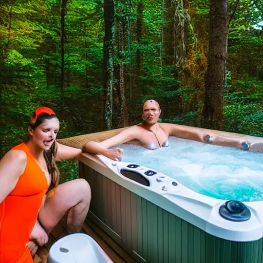 Image similar to hot tub rave outside a woodland cabin