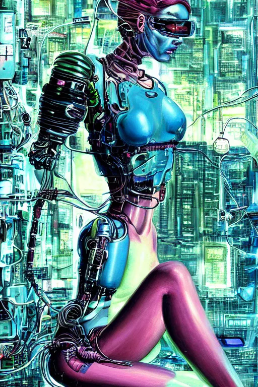 Image similar to a detailed airbrush cyberpunk illustration of a female android seated on the floor in a tech labor, seen from the side with her body open showing cables and wires coming out, by masamune shirow, hajime sorayama, boris vallejo and katsuhiro otomo, japan, 1980s, dark, colorful