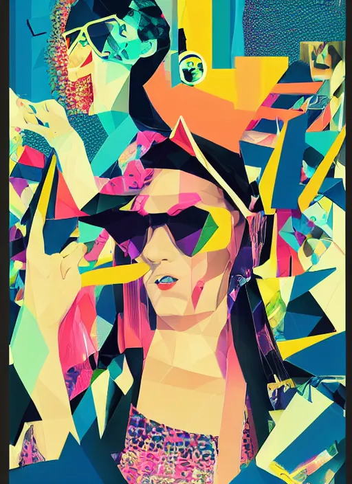 Prompt: portrait of a lowpoly rave girl with musicassette sunglasses wearing kimono made of synthesizer dancing, surreal dada collage poster art by kurt schwitters james jean liam brazier victo ngai tristan eaton