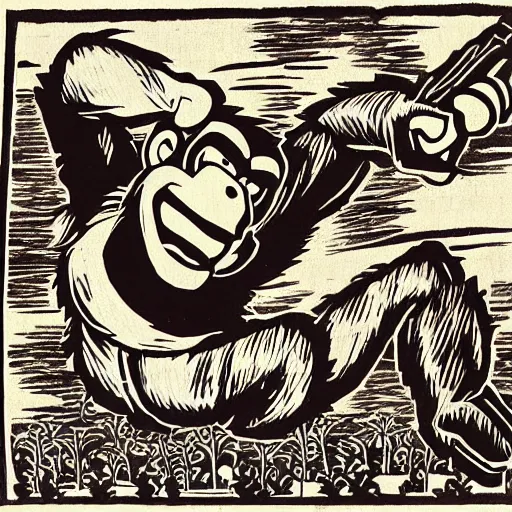 Prompt: Donkey Kong, in the style of a woodblock print.