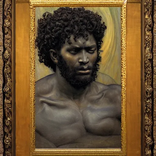 Image similar to masterpiece black man with curly hair sculpture from islamic civilization, by annie swynnerton and diego rivera and nicholas roerich and jean delville and charlie bowater, symbolist, dramatic lighting, god rays, art brut, rich colors, smooth sharp focus, extremely detailed, adolf wolfli and ( donato giancola and bilibin )