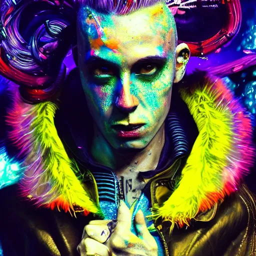 Image similar to splashes of neon galaxies, mowhawk, punk wizard portrait made out of paint, trending on artstation, epic composition, emotional, beautiful, rendered in octane, highly detailed, realistic, tim burton comic book art, sharp focus, unreal engine