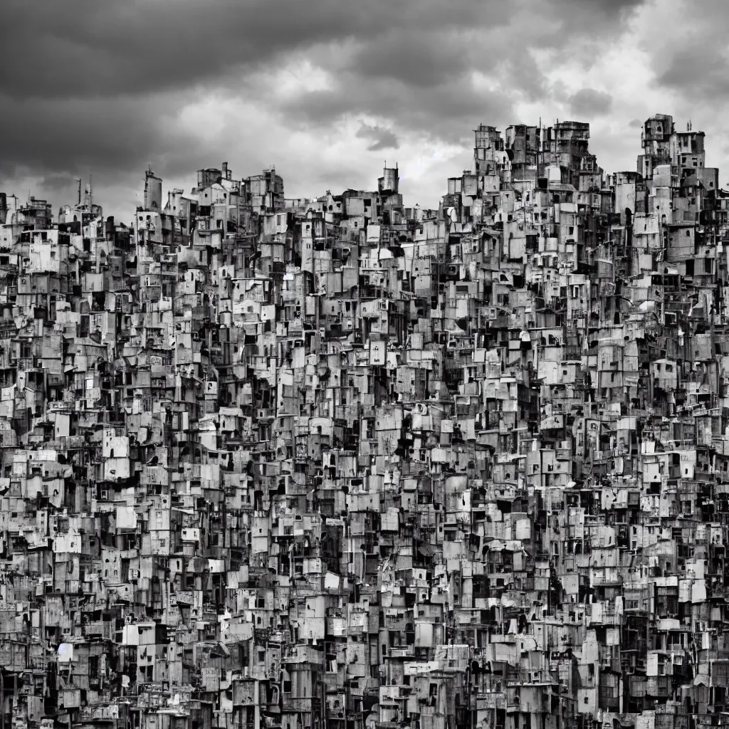 Image similar to close - up towers made up of colourful makeshift squatter shacks, bleached colours, dramatic cloudy sky, dystopia, mamiya, very detailed, ultra sharp, photographed by andy warhol