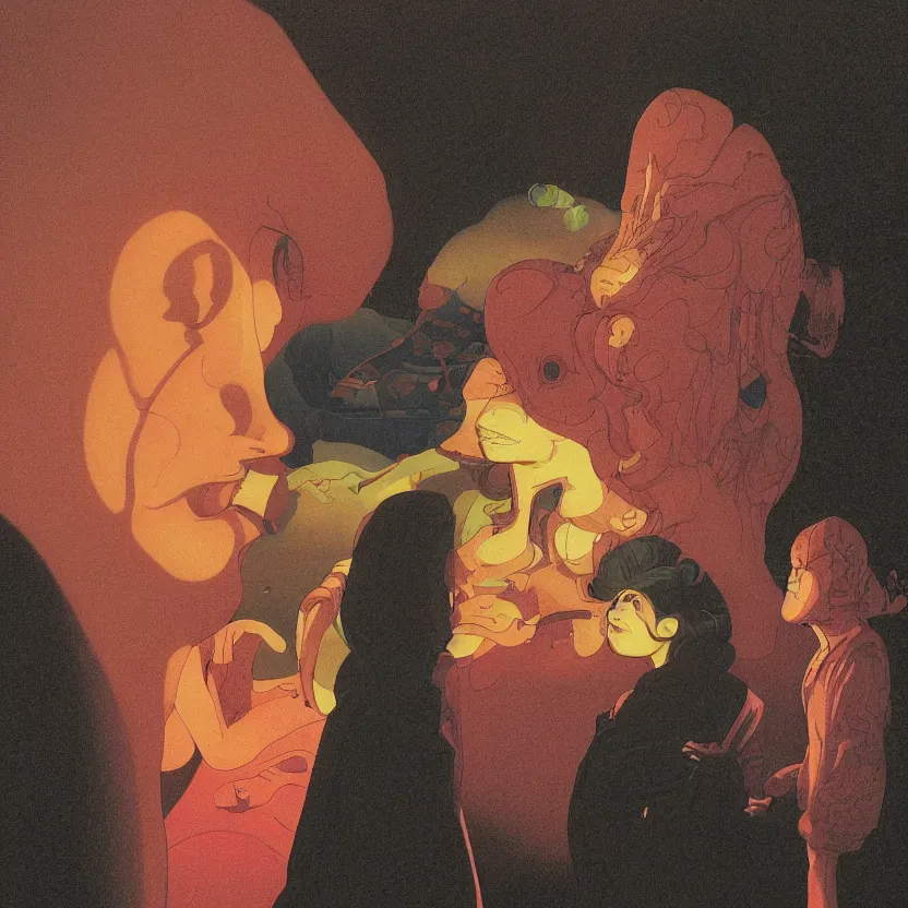 Image similar to close up portrait of a man and woman having fun with lsd and magic mushrooms by kawase hasui, moebius, Edward Hopper and James Gilleard, Zdzislaw Beksinski, Steven Outram, 8k, volumetric lighting, artstation