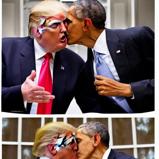 Prompt: donald trump kissing barack obama, photography,