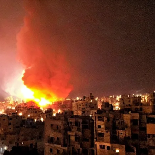 Image similar to picture of huge explosion in city in Syria at night