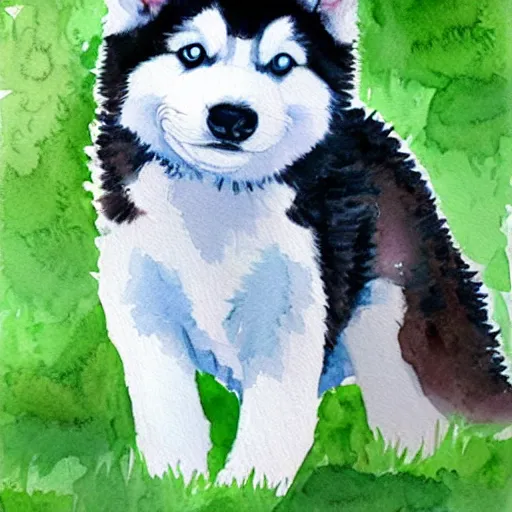 Prompt: cute,adorable,happy,huskie puppy, watercolor