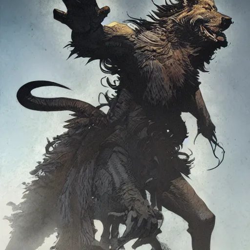 Image similar to king of the wolves. By Travis Charest, James Gurney, and Ashley Wood. dramatic lighting. Magic the gathering. digital painting.