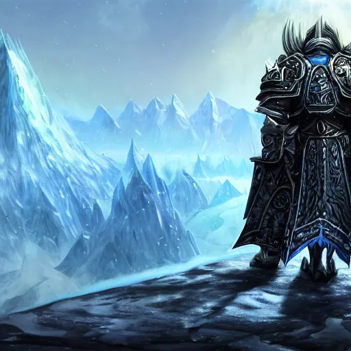 Image similar to world of warcraft arthas viewed from the back standing in front of a vast icy land and dark icy mounatins in the background, extreely detailed, wow, cinematic, unreal engine 5, artistic, movie poster, world of warcraft cinematics style, only dark contrasting colours, colours ranging of blue white and black