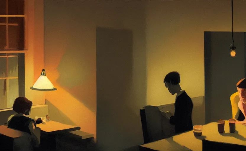 Prompt: a mysterious dimly lit dinner scene illustration by atey ghailan and escher and edward hopper, surreal