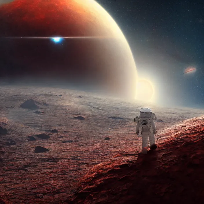 Image similar to a astronaut walking on a alien planet with a red giant galaxy appearing in the sky, digital art, concept art, trending on DeviantArt, highly detailed, high quality, 8K HDR, cinematic lighting, breathtaking image