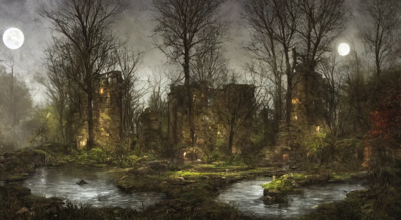 Image similar to cylindrical stone tower building, nighttime, dark, lit by the moon, woodland, steam emerging from culvert under path and flowing into pond, strong colours, vladimir motsar and tyler edlin and john william waterhouse and morgan weistling