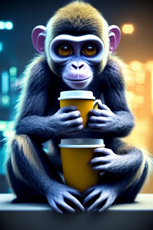 Image similar to high quality 3 d render very cute monkey! with large cup of coffee!, cyberpunk highly detailed, unreal engine cinematic smooth, in the style of blade runner & detective pikachu, hannah yata charlie immer, moody light, low angle, uhd 8 k, sharp focus