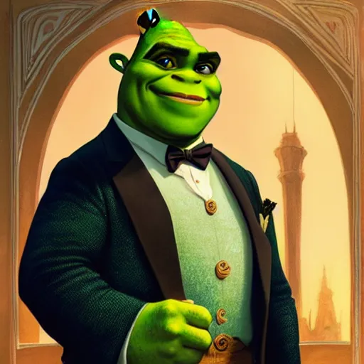 Image similar to handsome shrek in a tuxedo, highly detailed, digital painting, artstation, concept art, sharp focus, illustration, art by greg rutkowski and alphonse mucha