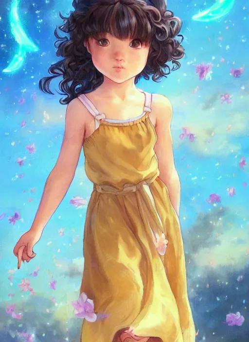 Prompt: A cute little girl with shoulder length curly brown hair with a happy expression wearing a summer dress dancing with fireflies, she is in the distance. beautiful fantasy art by By Artgerm and Hayao Miyazaki, trending on artstation.