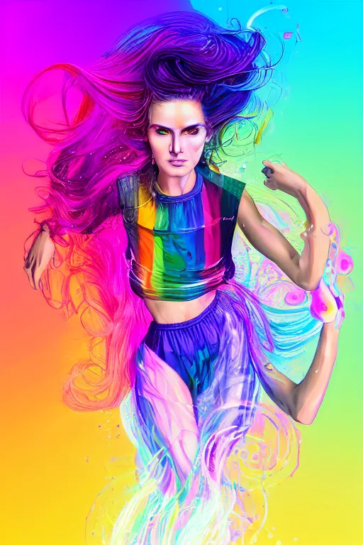 Image similar to a award winning half body portrait of a beautiful woman with stunning eyes in a croptop and cargo pants with rainbow colored ombre hairstyle head in motion and hair flying by thomas danthony, surrounded by whirling illuminated liquids and lines, outrun, vaporware, shaded flat illustration, digital art, trending on artstation, highly detailed, fine detail, intricate