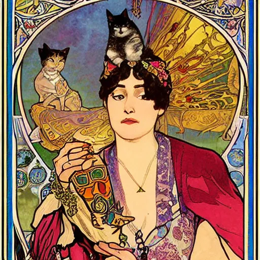 Image similar to poster of Gypsy lady doing tarot card reading inside a gypsy caravan surrounded by cats, art nouveau, 1878, Alphonse Mucha, decorative panels, old paper, soft colors