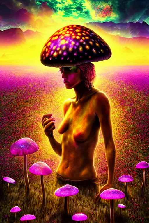 Prompt: hyperrealistic portrait of melting hippies - epic cinematic mushrooms with psychedelic field of flowers, highly detailed smooth digital art masterpiece, pablo amaringo dramatic low light, ground angle uhd 8 k, sharp focus